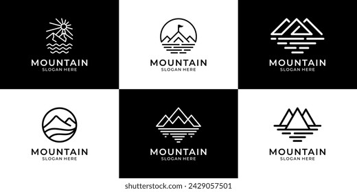 Set of mountain travel adventure logo designs. Minimalist peak lake and outdoor symbol logo.