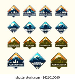 set of mountain travel emblems. Camping outdoor adventure emblems, badges and logo patches. Mountain tourism, hiking. Forest camp labels in vintage style