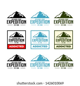 set of mountain travel emblems. Camping outdoor adventure emblems, badges and logo patches. Mountain tourism, hiking. Forest camp labels in vintage style
