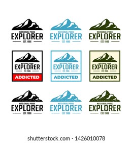 set of mountain travel emblems. Camping outdoor adventure emblems, badges and logo patches. Mountain tourism, hiking. Forest camp labels in vintage style