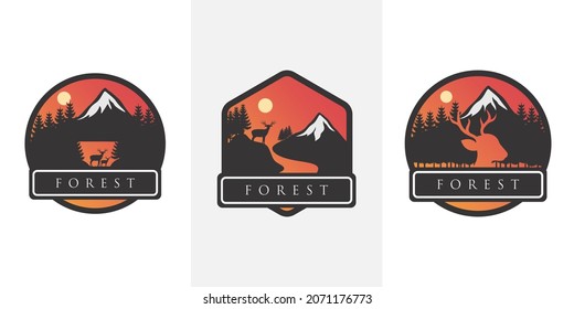 Set of mountain travel emblems. Camping outdoor adventure emblem, badge and logo design patch. Mountain tourism, hiking. Jungle camp label in vintage style