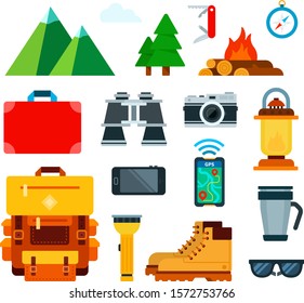 Set of Mountain Travel icons flat vector illustration