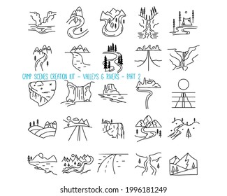 Set of mountain valleys and rivers icons. Part 2