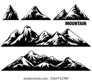 Set of mountain vector illustration. Mountain travel emblem collection. Camping outdoor adventure emblem, badge, and logo patch. Mountain tours, hiking. Camp label in vintage and silhouette style