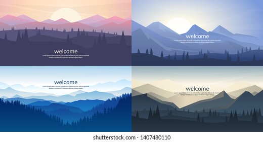 A set of mountain vector landscapes in a flat style. Natural wallpapers are a minimalist, polygonal concept. Sunrise, misty terrain with slopes, mountains near the forest