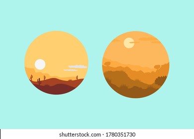 A set of mountain vector landscapes in a flat style. Natural wallpapers are a minimalist, polygonal concept. Sunrise, misty terrain with slopes, mountains near the forest