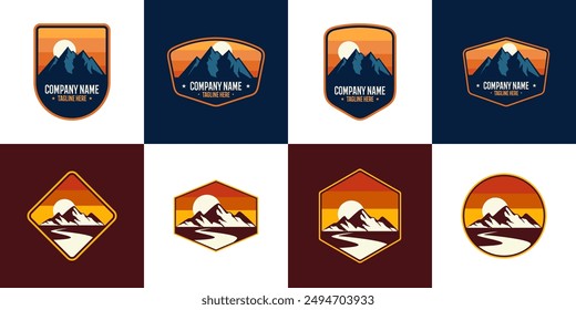 SET mountain vector logo , badge display , Three mountain peaks with one highest peak. Sunrise.