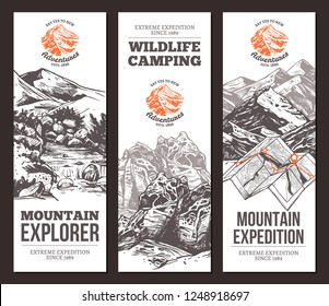 Set of mountain vertical banners about adventure and explorering. Outdoor, camping and travel concept. Vector sketch hand drawn illustrations