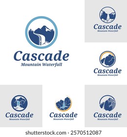 Set of Mountain Waterfall logo design vector illustration. Mountain Waterfall logo concept template