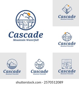 Set of Mountain Waterfall logo design vector illustration. Mountain Waterfall logo concept template