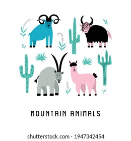 Set of mountain wild animals and plants in flat style. Childish vector illustration with lama, goat, argali, yak on white background