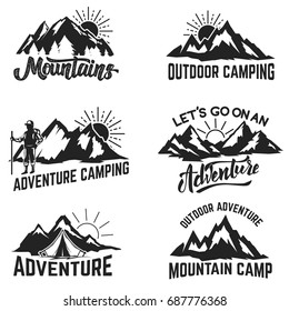 Set of mountains adventure, outdoor, camping, hiking, tourism labels, badges, emblems. Vector illustration