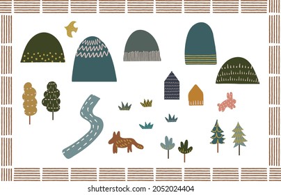 Set of mountains, animals, trees, flowers, houses and river