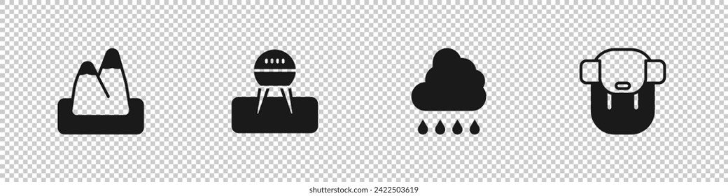 Set Mountains, Barbecue grill, Cloud with rain and Hiking backpack icon. Vector