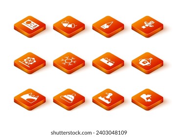 Set Mountains, Beanie hat, Ferris wheel, Snowflake, Flying duck, Kayak or canoe, Canada map and Maple syrup icon. Vector