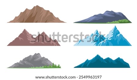 Set of mountains. Beautiful natural landscape and terrain. Red, brown and grey hills. Snowy peaks. Climbing and hiking, mountaineering. Flat vector collection isolated on white background