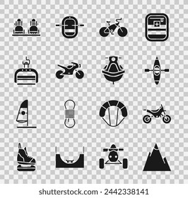 Set Mountains, bike, Kayak or canoe, Bicycle, Motorcycle, Ski lift, Snowboard and Jet ski icon. Vector