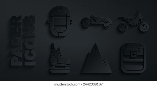 Set Mountains, bike, Skates, First aid kit, Vintage sport racing car and Rafting boat icon. Vector