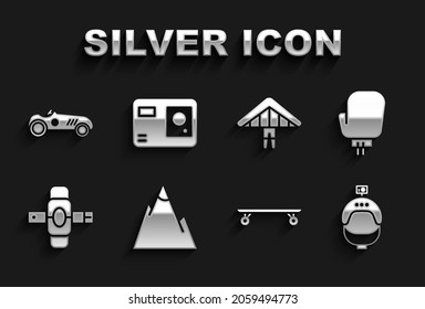 Set Mountains, Boxing glove, Helmet and action camera, Longboard or skateboard, Knee pads, Hang glider, Vintage sport racing car and Action extreme icon. Vector