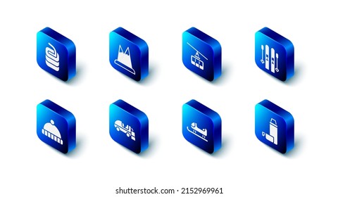 Set Mountains, Cable car, Ski and sticks, Thermos container, Sled, Ice resurfacer, Winter hat and Stone for curling icon. Vector