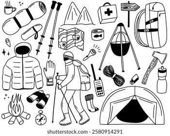 Set of mountains, climbing, camping and hiking elements doodle vector. Hand drawn climber stuff elements sketches set