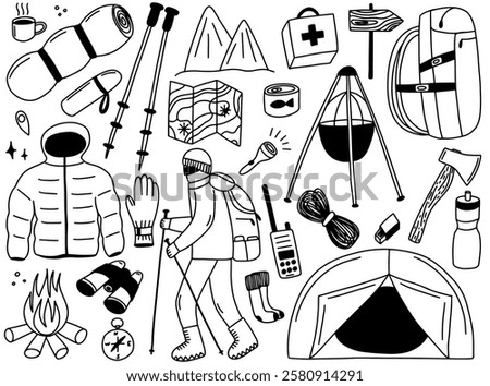 Set of mountains, climbing, camping and hiking elements doodle vector. Hand drawn climber stuff elements sketches set