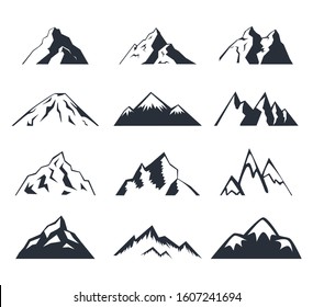 Set of mountains. Collection of stylized mountain landscapes. Black and white illustration of mountains.