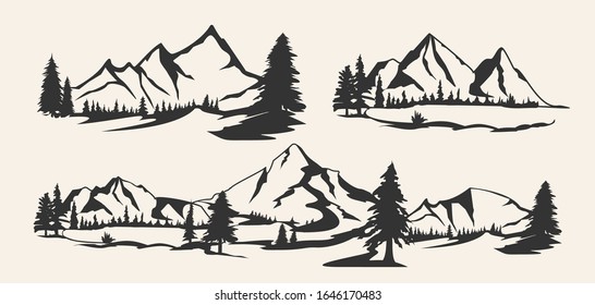 Set of mountains. Collection of stylized mountain landscapes. Black and white illustration of mountains. Linear art. Logo.