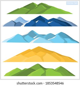 Montaje de montañas de diferentes colores sobre fondo azul claro	