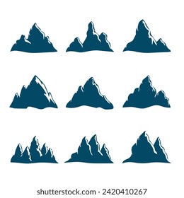 set of mountains of different shapes in blue colour with white background