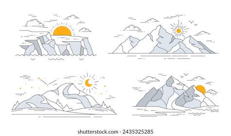 Set of mountains. East asian drawning. Minimalistic creativity and arts. Natural beautiful landscapes and panorama. Cartoon flat vector collection isolated on white background