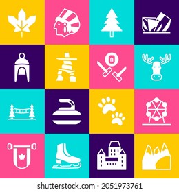 Set Mountains, Ferris wheel, Moose head with horns, Christmas tree, Inukshuk, Winter hat, Canadian maple leaf and Curling sport game icon. Vector