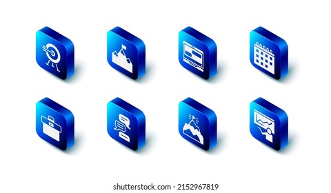 Establecer montañas con bandera, mensajes de chat en laptop, Calendario, Entrenamiento, presentación, chat de burbuja de voz, Maletín y icono de flecha de destino. Vector