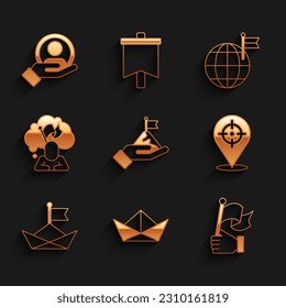 Set Mountains with flag, Folded paper boat, Hand holding, Target, Man, Planet and for search people icon. Vector