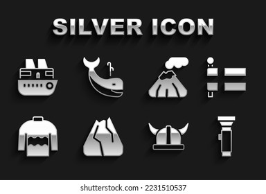 Set Mountains, Flag of Iceland, Flashlight, Viking horned helmet, Sweater, Volcano, Cruise ship and Whale icon. Vector