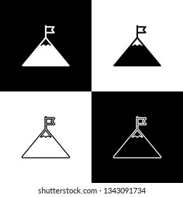 Set Mountains and flag on top icons isolated on black and white background. Symbol of victory or success concept. Line, outline and linear icon. Vector Illustration