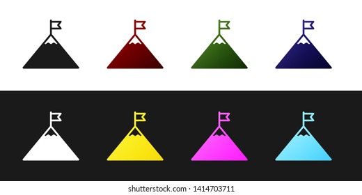 Set Mountains and flag on top icon isolated on black and white background. Symbol of victory or success concept. Vector Illustration