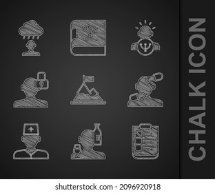 Set Gebirge mit der Fahne oben, Alkoholismus, Psychologische Prüfung, Heiltabletten, männlicher Arzt, Geschlossene Persönlichkeit, Psychologie und Depression und Frustration Symbol. Vektorgrafik