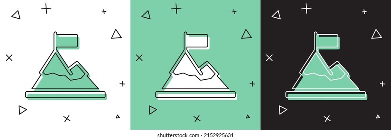 Set Mountains with flag on top icon isolated on white and green, black background. Symbol of victory or success concept. Goal achievement.  Vector