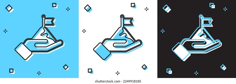 Fijar Montañas con la bandera en el icono superior aislado en fondo azul y blanco, negro. Símbolo del concepto de victoria o éxito. Logro de los objetivos.  Vector
