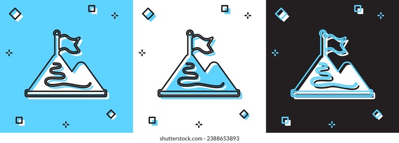 Set Mountains with flag on top icon isolated on blue and white, black background. Symbol of victory or success concept. Goal achievement.  Vector