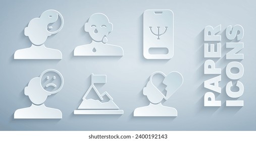 Montañas con bandera en la parte superior, consejería psicológica en línea, hombre triste y deprimido, mal humor, corazón roto o divorcio, ojo de grito de lágrimas y icono del símbolo Yin Yang. Vector