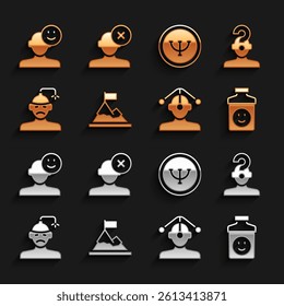 Set Mountains with flag on top, Human question mark, Antidepressants, Hypnosis, Concussion, headache, Psychology, Good mood and Solution problem psychology icon. Vector
