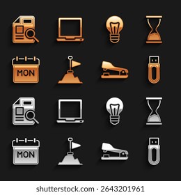 Set Mountains with flag on top, Old hourglass, USB flash drive, Stapler, Calendar, Light bulb, Document graph chart and Laptop icon. Vector