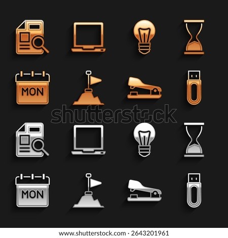 Set Mountains with flag on top, Old hourglass, USB flash drive, Stapler, Calendar, Light bulb, Document graph chart and Laptop icon. Vector