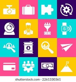 Set Mountains and flag, Paper plane, Contactless payment, Piece of puzzle, Scientist test tube and Web camera icon. Vector