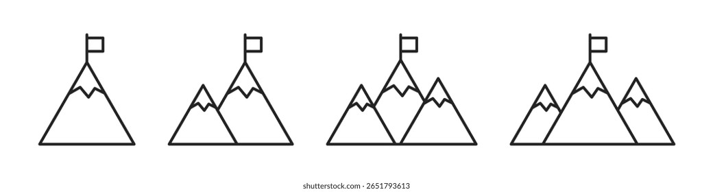 Conjunto de montañas con bandera. Máximo logro.
Objetivo Alcanzado. Icono de línea. Vector