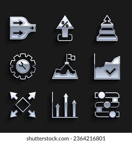 Set Mountains with flag, Pie chart infographic, Graph, chart, diagram, Financial growth increase, Many ways directional arrow, Wrench and gear, Pyramid infographics and Arrow icon. Vector