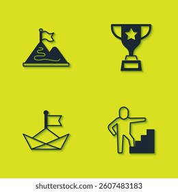 Set Mountains with flag, Stair finish, Folded paper boat and Award cup icon. Vector