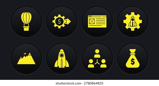 Set Mountains with flag, Startup project concept, Project team base, Browser window, Gear dollar, Money bag and Hot air balloon icon. Vector